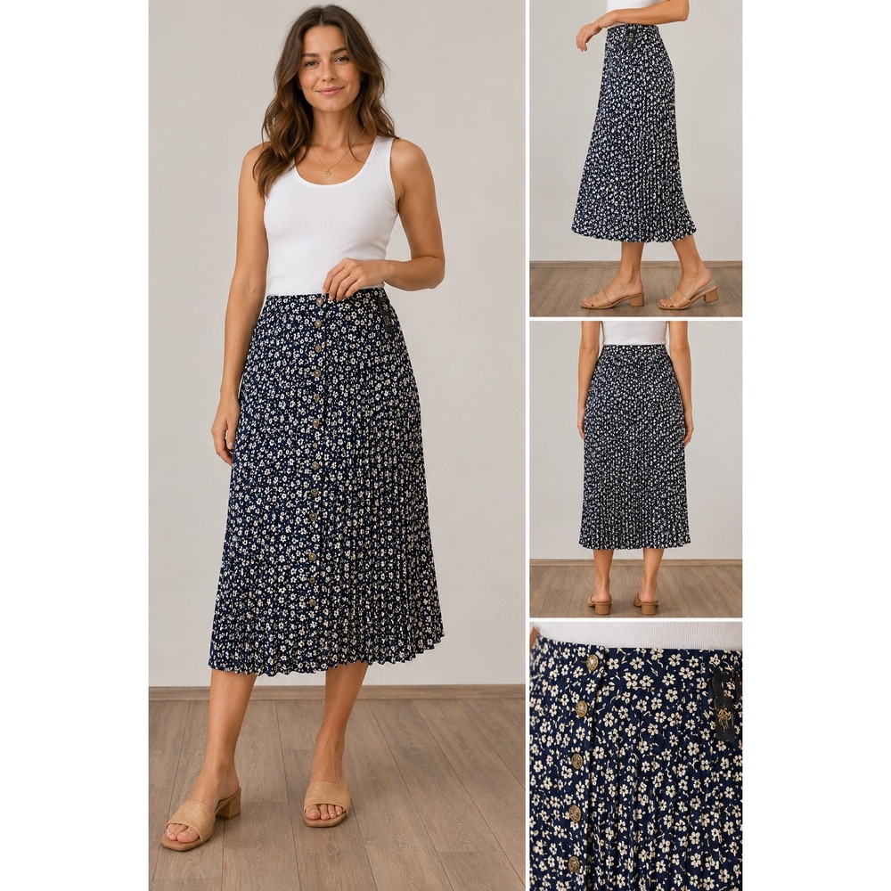 My Grile Vintage Pleated Floral Midi Skirt Navy White Decorative Buttons Buckle